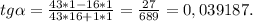 tg \alpha = \frac{43*1-16*1}{43*16+1*1} = \frac{27}{689} =0,039187.