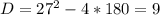 D=27^2-4*180=9