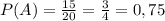 P(A)=\frac{15}{20} =\frac{3}{4} =0,75