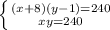 \left \{ {{(x+8)(y-1)=240} \atop {xy=240}} \right.