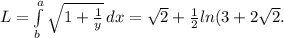L= \int\limits^a_b { \sqrt{1+ \frac{1}{y} } } \, dx = \sqrt{2} + \frac{1}{2}ln(3+2 \sqrt{2} .
