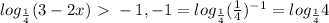 log_{ \frac{1}{4} } (3-2x)\ \textgreater \ -1, -1= log_{ \frac{1}{4} } ( \frac{1}{4} ) ^{-1} = log_{ \frac{1}{4} }4