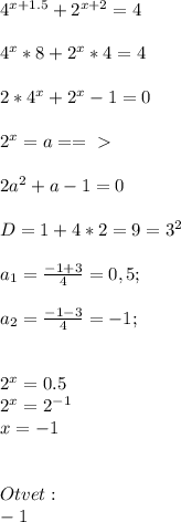 4^{x+1.5}+2^{x+2}=4 \\ \\ 4^x*8+2^x*4=4 \\ \\ 2*4^x+2^x-1=0 \\ \\ 2^x=a==\ \textgreater \ \\ \\ 2a^2+a-1=0 \\ \\ D=1+4*2=9=3^2 \\ \\ a_{1}= \frac{-1+3}{4}= 0,5; \\ \\ a_2= \frac{-1-3}{4}=-1; \\ \\ \\ 2^x=0.5 \\ 2^x=2^{-1} \\ x=-1 \\ \\ \\ Otvet: \\ -1