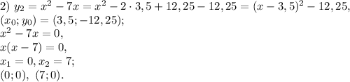 2) \ y_2=x^2-7x=x^2-2\cdot3,5+12,25-12,25=(x-3,5)^2-12,25, \\ (x_0;y_0)=(3,5;-12,25); \\ x^2-7x=0, \\ x(x-7)=0, \\ x_1=0, x_2=7; \\ (0;0), \ (7;0).