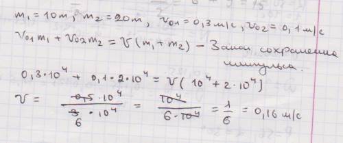 Вагон массой 10 т, движущийся со скоростью 0,3 м/с нагоняет вагон массой 20т, движущийся со скорость