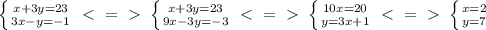 \left \{ x+3y=23} \atop {3x-y=-1} \right. \ \textless \ =\ \textgreater \ \left \{ x+3y=23} \atop {9x-3y=-3} \right. \ \textless \ =\ \textgreater \ \left \{ 10x=20} \atop {y=3x+1} \right. \ \textless \ =\ \textgreater \ \left \{ x=2} \atop {y=7} \right.