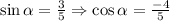 \sin \alpha = \frac{3}{5} \Rightarrow \cos \alpha = \frac{-4}{5}