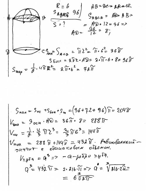 Из цилиндра вырезан полушар, основание которого совпадает с основанием цилиндра.радиус полушара раве