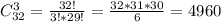 C^3 _{32} = \frac{32!}{3!*29!} = \frac{32*31*30}{6} = 4960