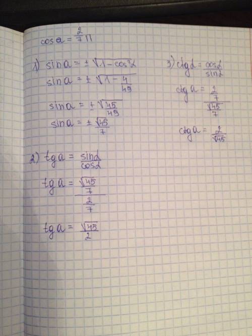 Найти sin a, tg a, ctg a, если cos a=2/7, пи