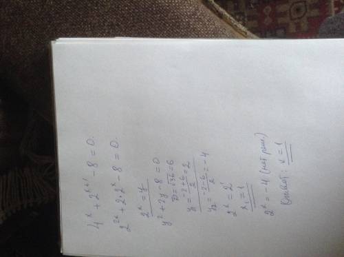 4^x+2^(x+1)- 8=0 в степени х плюм 2 в степени х плюс 1 и дальше минус 8 равно 0