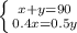 \left \{ {{x + y = 90} \atop {0.4x = 0.5y}} \right.