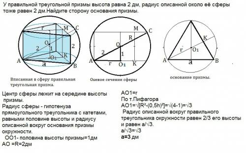 Управильной треугольной призмы высота равна 2 дм, радиус описанной около её сферы тоже равен 2 дм.на