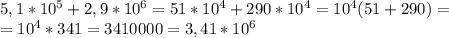 5,1*10^5+2,9*10^6=51*10^4+290*10^4=10^4(51+290)=\\=10^4*341=3410000=3,41*10^6