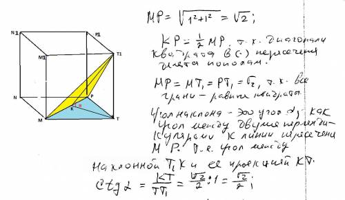 Ребро куба mnptm1n1p1t1 равно 1. найти котангенс угла между плоскостями mpt и mpt1.