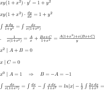 xy(1+x^2)\cdot y'=1+y^2\\\\xy(1+x^2)\cdot \frac{dy}{dx}=1+y^2\\\\ \int \frac{y\, dy}{1+y^2} = \int \frac{dx}{x(1+x^2)} \\\\.\quad \frac{1}{x(1+x^2)} = \frac{A}{x} + \frac{Bx+C}{1+x^2} = \frac{A(1+x^2)+x(Bx+C)}{y} \\\\x^2\; |\; A+B=0\\\\x\; |\; C=0\\\\x^0\; |\; A=1\quad \Rightarrow \quad B=-A=-1\\\\\int \frac{dx}{x(1+x^2)} =\int \frac{dx}{x}-\int \frac{x\, dx}{1+x^2}=ln|x|-\frac{1}{2}\int \frac{2x\, dx}{1+x^2} =