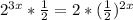 2^{3x} * \frac{1}{2} = 2 * ( \frac{1}{2} )^{2x}