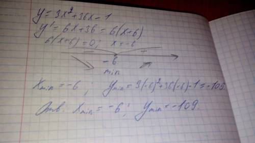 Найти точки экстремума и значение функции в этих точках y=3x^2+36x-1