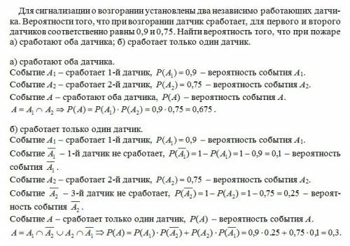 Для сигнализации о возгорании установлены два независимо работающих датчика. вероятности того, что п