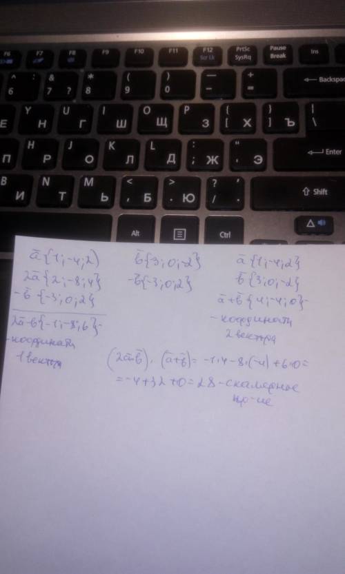 Найти скалярное произведение векторов (2а-b)и (а+b) если а(1; -4; 2) и b(3; 0; -2)