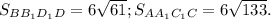 S_{B B_{1} D_{1}D} =6 \sqrt{61}; S_{A A_{1} C_{1}C}=6 \sqrt{133} .