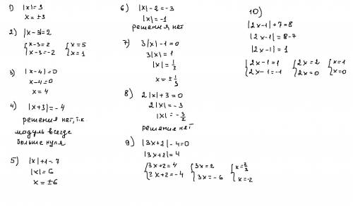 Не могу решить, ! решите уравнение: 1) | x | = 3 2) | x-3 | = 2 3) | x-4 | = 0 4) | x+3 | = -4 5) |