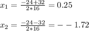 x_{1} = \frac{-24+32}{2*16} =0.25 \\ \\ x_{2} = \frac{-24-32}{2*16} =--1.72 \\