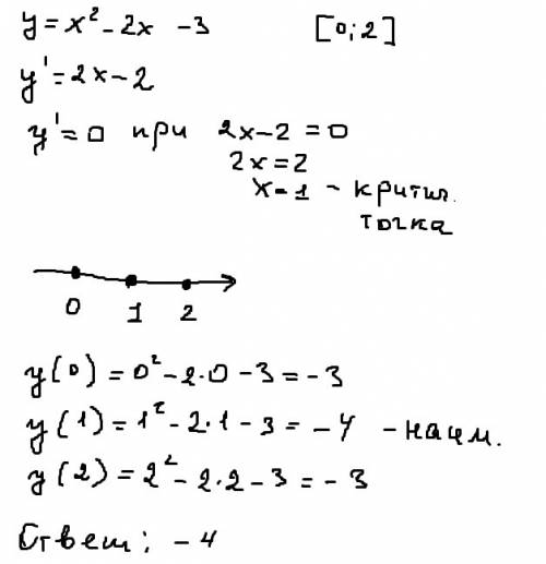 )найдите наименьшее и наибольшее значения функции y=x²-2x-3 на [0; 2]