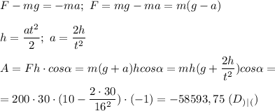 F-mg=-ma;\ F=mg-ma=m(g-a)\\\\h=\dfrac{at^2}{2};\ a=\dfrac{2h}{t^2} \\\\A=Fh\cdot cos\alpha=m(g+a)hcos\alpha=mh(g+\dfrac{2h}{t^2})cos\alpha=\\\\=200\cdot 30\cdot (10-\dfrac{2\cdot 30}{16^2} )\cdot (-1)=-58593,75\ (D_)_|_()