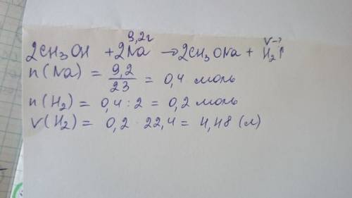 Вычислите объем водорода выделившегося при взаимодействии метанола с 9,2г натрий