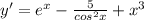 y'=e^x- \frac{5}{cos^2x} +x^3