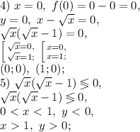 4) \ x=0, \ f(0)=0-0=0, \\ y=0, \ x-\sqrt{x}=0, \\ \sqrt{x}(\sqrt{x}-1)=0, \\ \left [ {{\sqrt{x}=0,} \atop {\sqrt{x}=1;}} \right. \left [ {{x=0,} \atop {x=1;}} \right. \\ (0;0), \ (1;0); \\ 5) \ \sqrt{x}(\sqrt{x}-1)\lessgtr0, \\ \sqrt{x}(\sqrt{x}-1)\lessgtr0, \\ 0\ \textless \ x\ \textless \ 1, \ y\ \textless \ 0, \\ x\ \textgreater \ 1, \ y\ \textgreater \ 0;