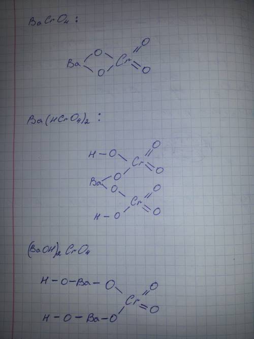 Построить графическую формулу следующих веществ: bacro4 (хромат бария) [ba(oh)]2cro4 (гидроксохромат