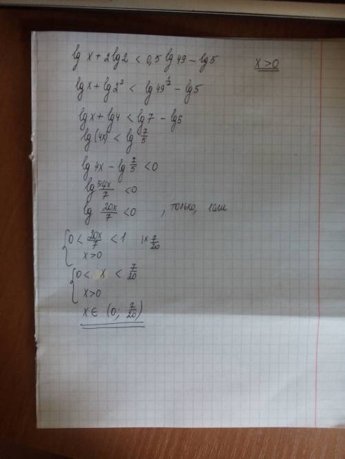 Lgx+2lg2< 0,5lg49-lg5 решите неравенство