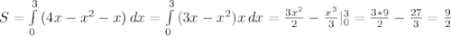 S= \int\limits^3_0 {(4x-x^2-x)} \, dx = \int\limits^3_0 {(3x-x^2)x} \, dx = \frac{3x^2}{2}- \frac{x^3}{3}|_0^3= \frac{3*9}{2}- \frac{27}{3} = \frac{9}{2}