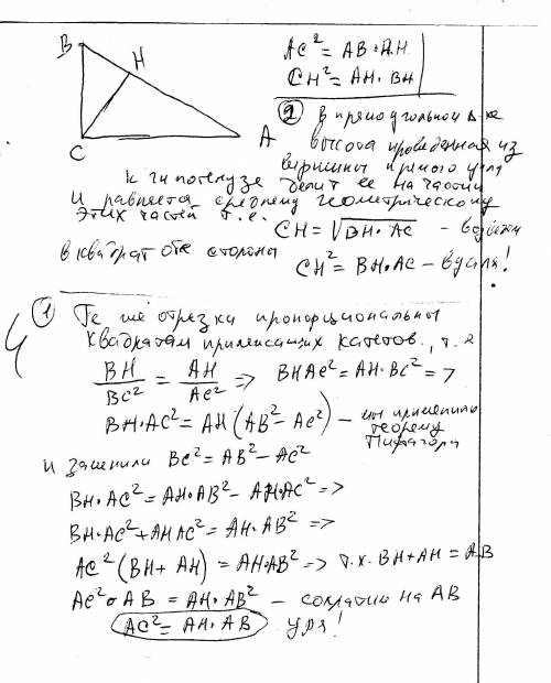 Впрямоугольном треугольнике abc с прямым углом c проведена высота ch. докажите, что ac^2 = ab · ah и