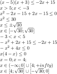 (x-5)(x+3) \leq -2x+15 \\ x5; x