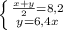 \left \{ {{\frac{x+y}{2} =8,2} \atop {y=6,4x}} \right.