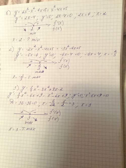 :найти точки экстремума( распишите все подробно) 1. 2x^2-x^2-4x+5 2. -2х^2-x^2-4x+5 3. y= 1/3x^3-3x^