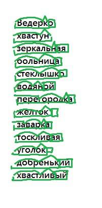 Разбери слова по составу: ведерко,хвастун, зеркальная, больница, во стеклышко. дяной,перегородка,жел