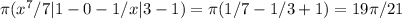 \pi (x^7/7|1-0-1/x|3-1)= \pi (1/7-1/3+1)=19 \pi /21