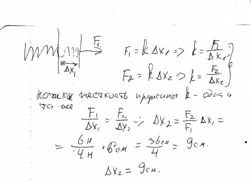 Под действием силы 4н пружина удлинилась на 6 см. чему равно удлинение пружины под действием силы 6н