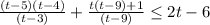 \frac{(t-5)(t-4)}{(t-3)}+ \frac{t(t-9)+1}{(t-9)} \leq 2t-6