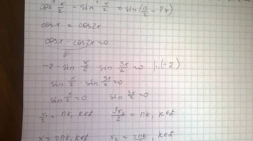 Cos^2x/2-sin^2x/2=sin(pi/2-2x) - решите !