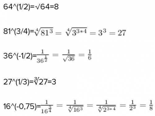 Вычеслить 1)64^1/2 2)81^3/4. 3)36^-1/2 4) 27^1/3 5)16^-0,75