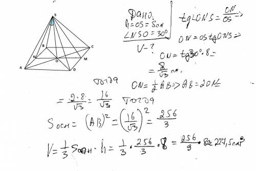 Высота правильной четырёх угольной пирамиды равно 8 см и образует с боковой гранью угол 30 градусов.