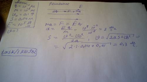 Пылинка, имеющая положительный заряд 10^-11 кл и массу 10^-6 кг, влетела в однородное электрическое