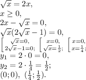 \sqrt{x}=2x, \\ x\geq0, \\ 2x-\sqrt{x}=0, \\ \sqrt{x}(2\sqrt{x}-1)=0, \\ \left [ {{\sqrt{x}=0,} \atop {2\sqrt{x}-1=0;}} \right. \left [ {{x=0,} \atop {\sqrt{x}=\frac{1}{2};}} \right. \left [ {{x=0,} \atop {x=\frac{1}{4};}} \right. \\ y_1=2\cdot0=0, \\ y_2=2\cdot\frac{1}{4}=\frac{1}{2}; \\ (0;0), \ (\frac{1}{4};\frac{1}{2}).