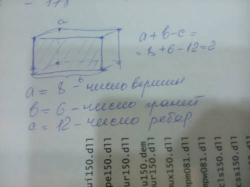 Найдите значения выражения а+в-с,где а - число вершин, в - число граней, с - число рёбер параллелепи
