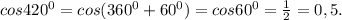 cos 420^{0} = cos (360^{0} +60^{0} ) = cos 60^{0} = \frac{1}{2} =0,5.